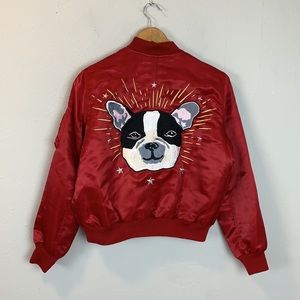 Gap Jacket Dog Embroidered Red Satin Bomber Full Zip Jacket Size XS New